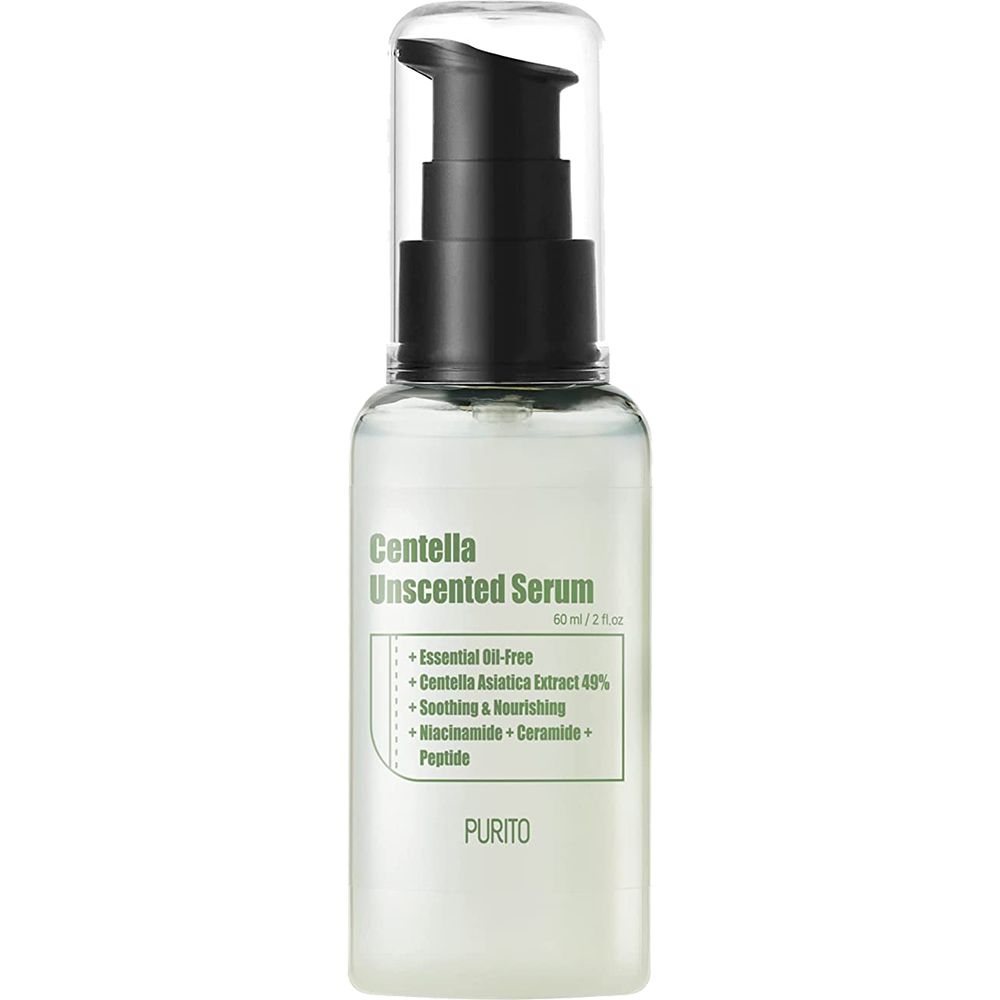 Transparante fles met zwarte pomp. Opschrift: Centella Unscented Serum, PURITO. Bevat ingrediënten.