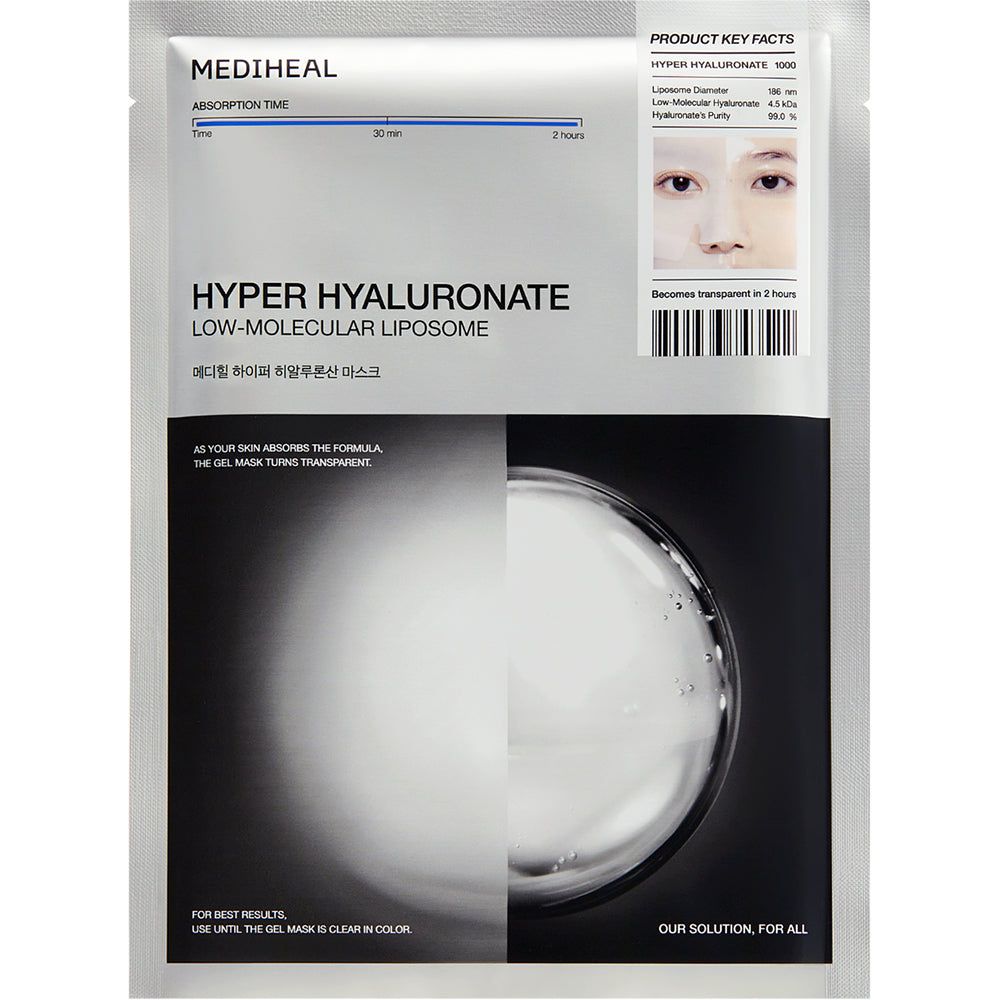 Emballage du masque facial. Texte: MEDIHEAL HYPER HYALURONATE. Liposome à faible poids moléculaire. Devient transparent.