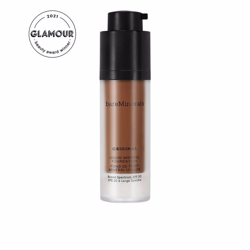 BareMinerals Original Fond de Teint Liquide SPF20, teinte brun foncé, avec pompe. Inclut le sceau Glamour Beauty Award.