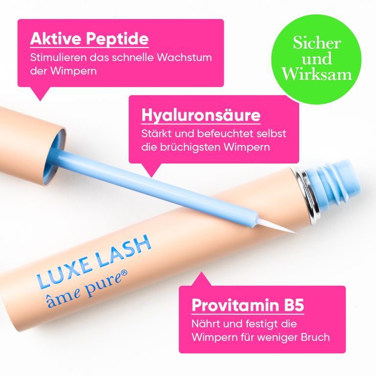 Sérum pour cils Luxe Lash avec applicateur. Contient de l'acide hyaluronique, de la provitamine B5 et des peptides.