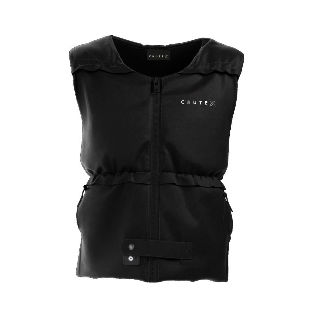 Gilet noir avec fermeture éclair et texte "CHUTEX". Le gilet a une taille réglable et une fermeture velcro.
