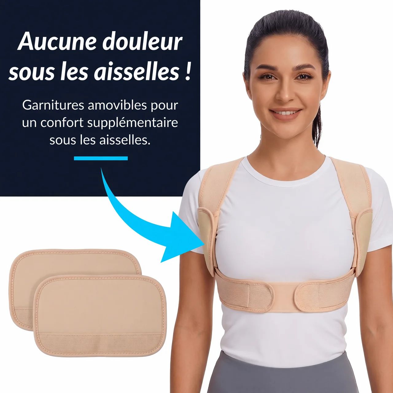 Beige rugbrace met schouderbanden en afneembare pads. Vrouw draagt de brace.