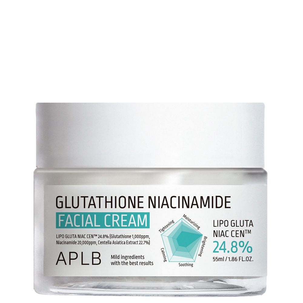 APLB gezichtscrème met glutathion en niacinamide, 55ml. Glazen pot met witte dop.