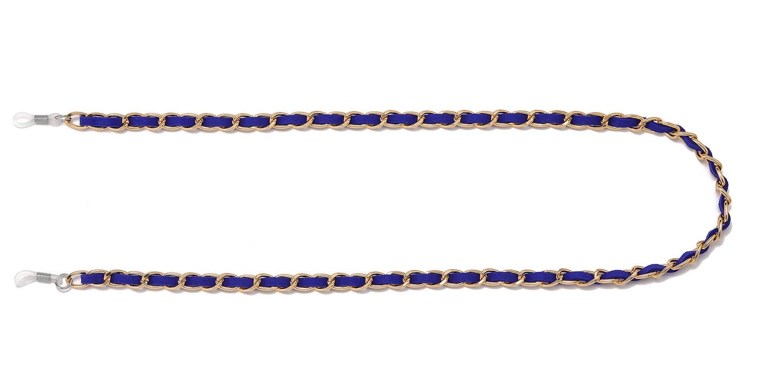 Cordon de lunettes bleu avec chaîne dorée. Extrémités avec boucles pour attacher aux branches de lunettes.