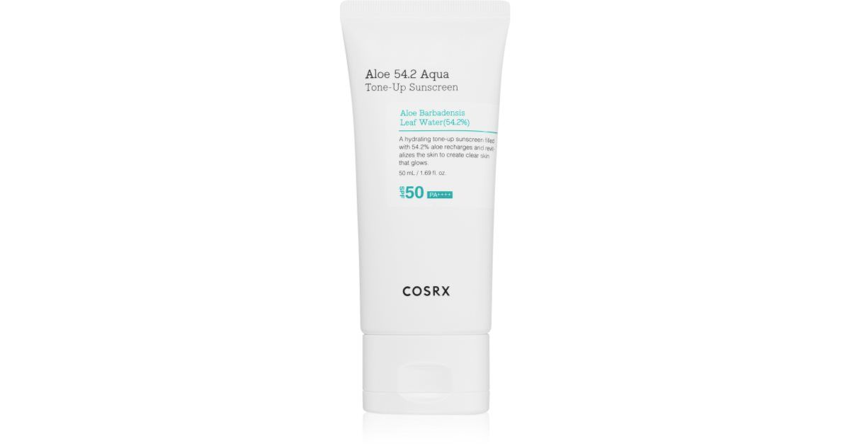 Tube blanc avec bouchon rabattable blanc. Texte avant : Aloe 54.2 Aqua Tone-Up Sunscreen, SPF 50 PA++++, COSRX.
