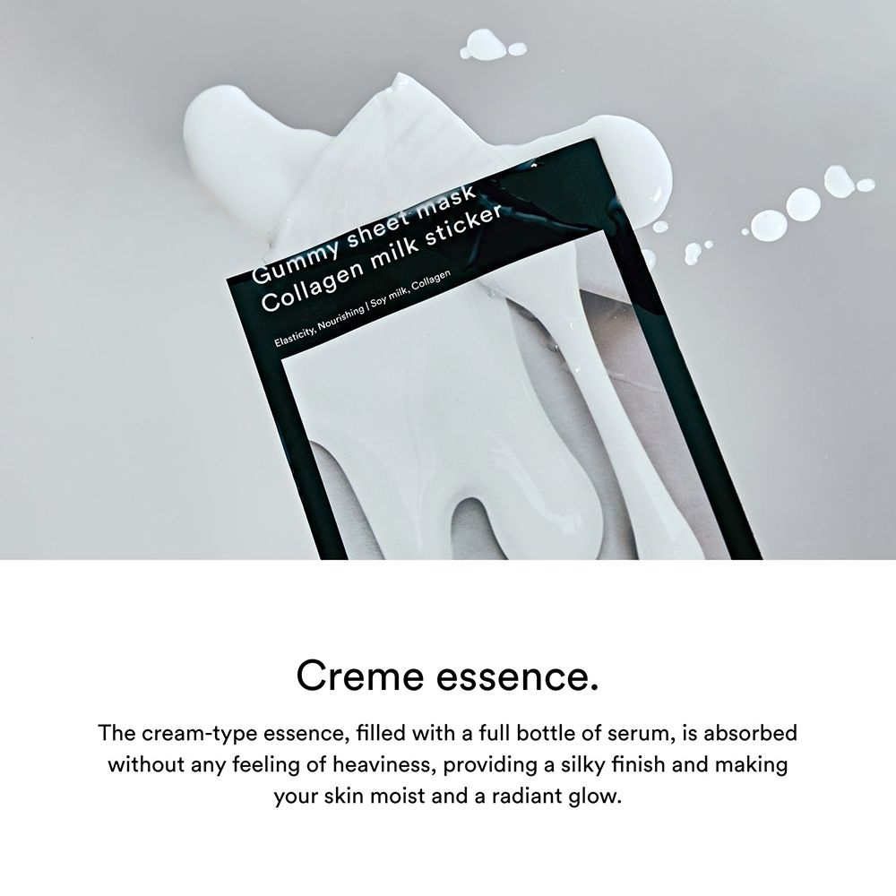Productverpakking met witte vloeistof. Tekst: Gummy sheet mask Collagen milk sticker. Creme essence.
