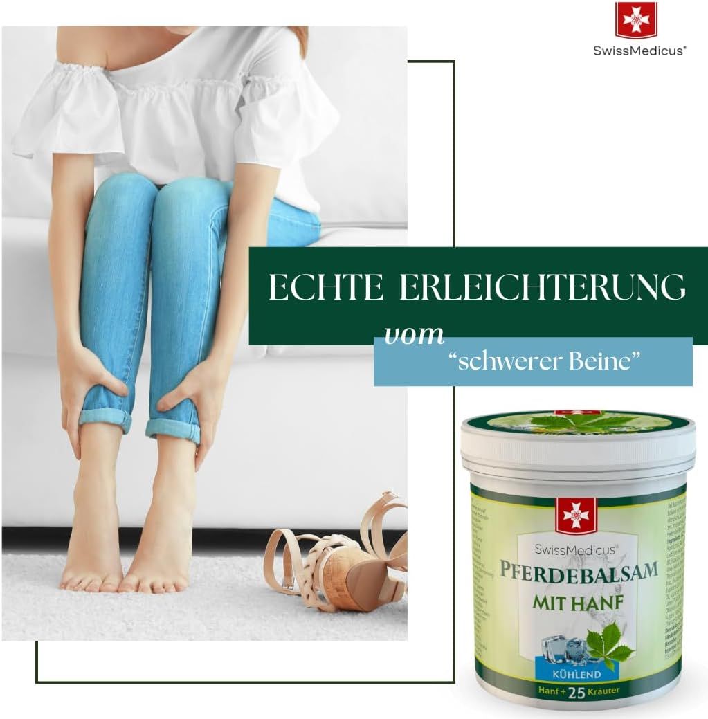 Persoon houdt benen vast. Naast: SwissMedicus Pferdebalsam mit Hanf. Tekst: Echte verlichting van "zware benen".