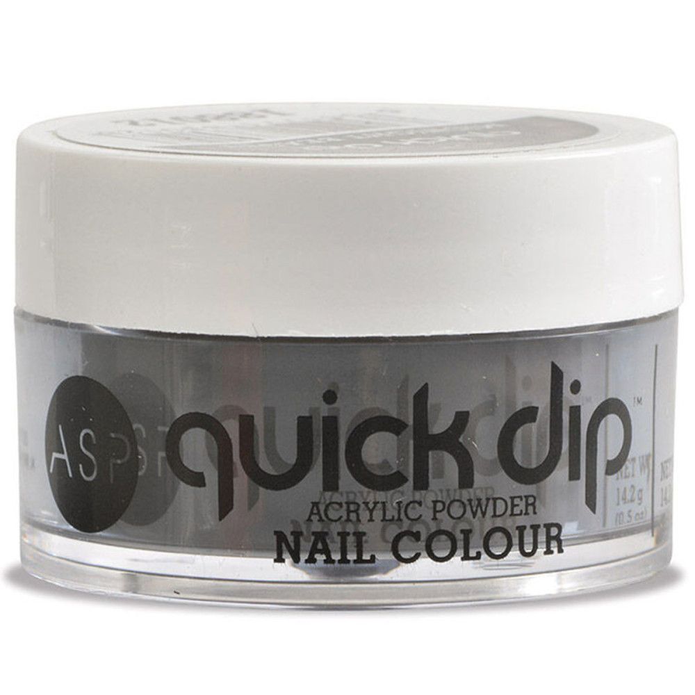 Pot de poudre acrylique 'quick dip'. Couvercle blanc, pot transparent. Inscription: 'ASP', 'NAIL COLOUR'.