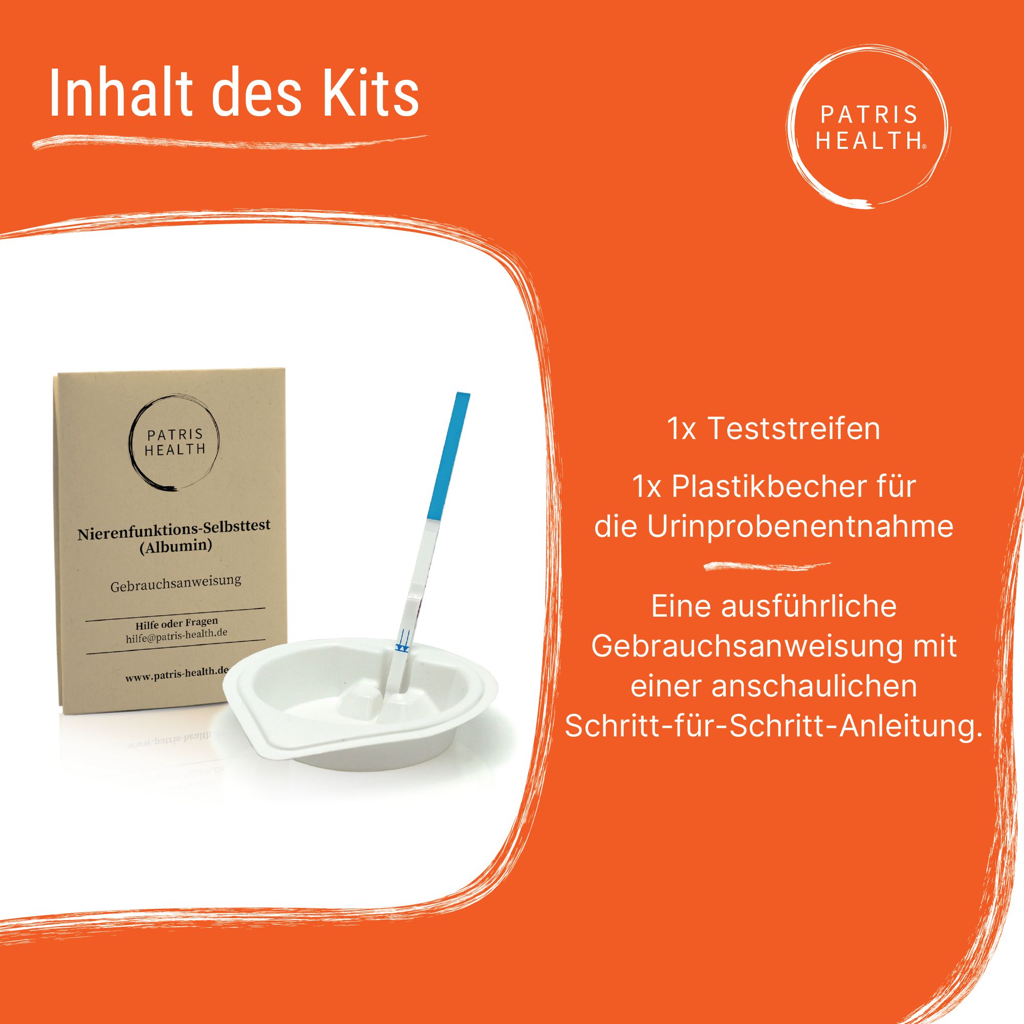 Inhoud van de kit: teststrip, plastic beker, gebruiksaanwijzing. Product van Patris Health®. Oranje achtergrond.