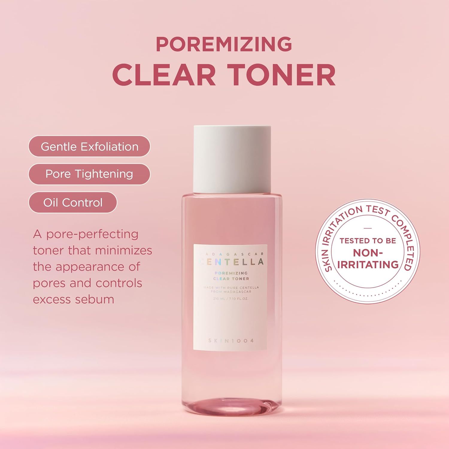 Flacon rose, bouchon blanc. Inscription: Poremizing Clear Toner. Certification: Non irritant.
