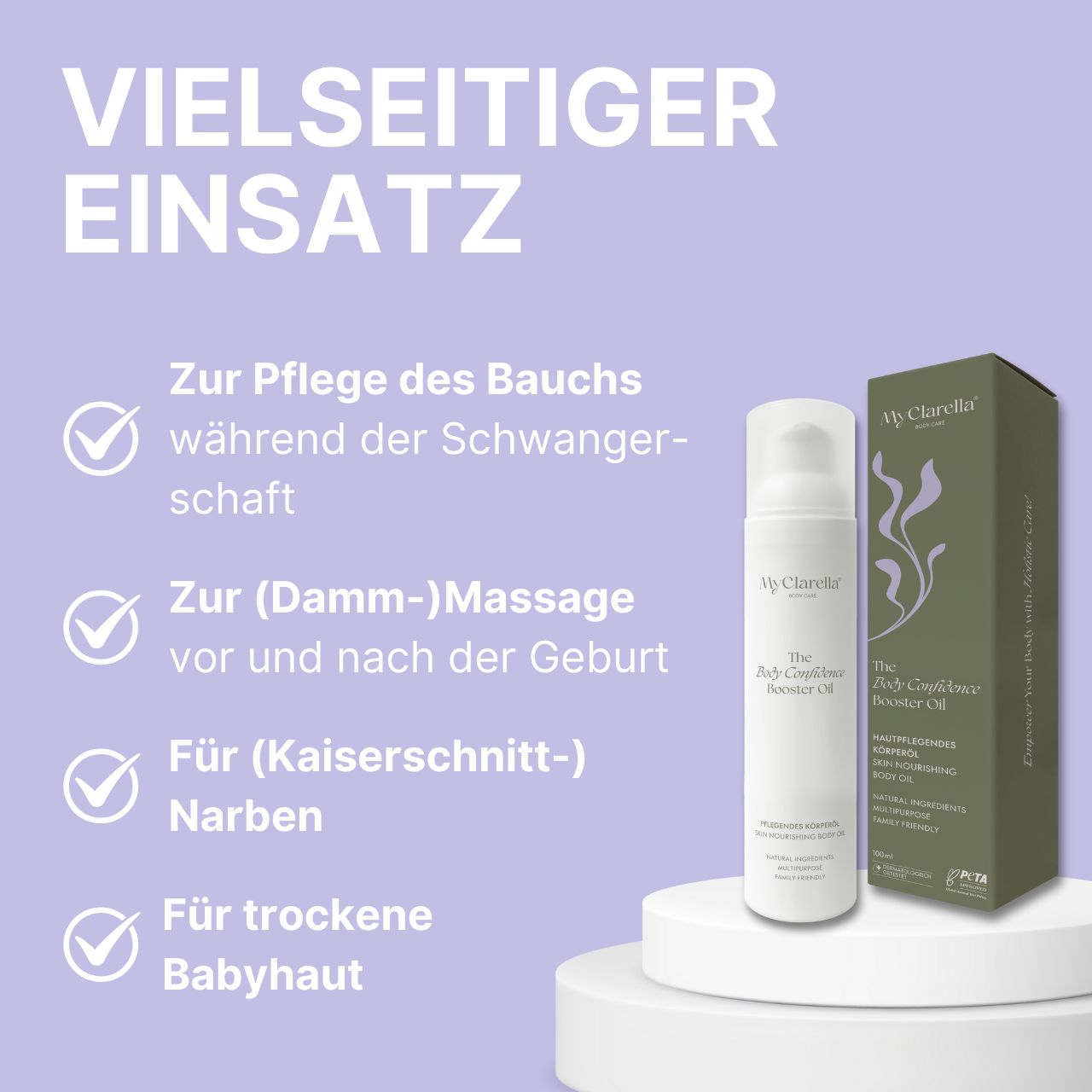 Witte olieflacon en groene verpakking. Tekst: Veelzijdig gebruik. Voor buik, perineum, littekens en droge babyhuid.