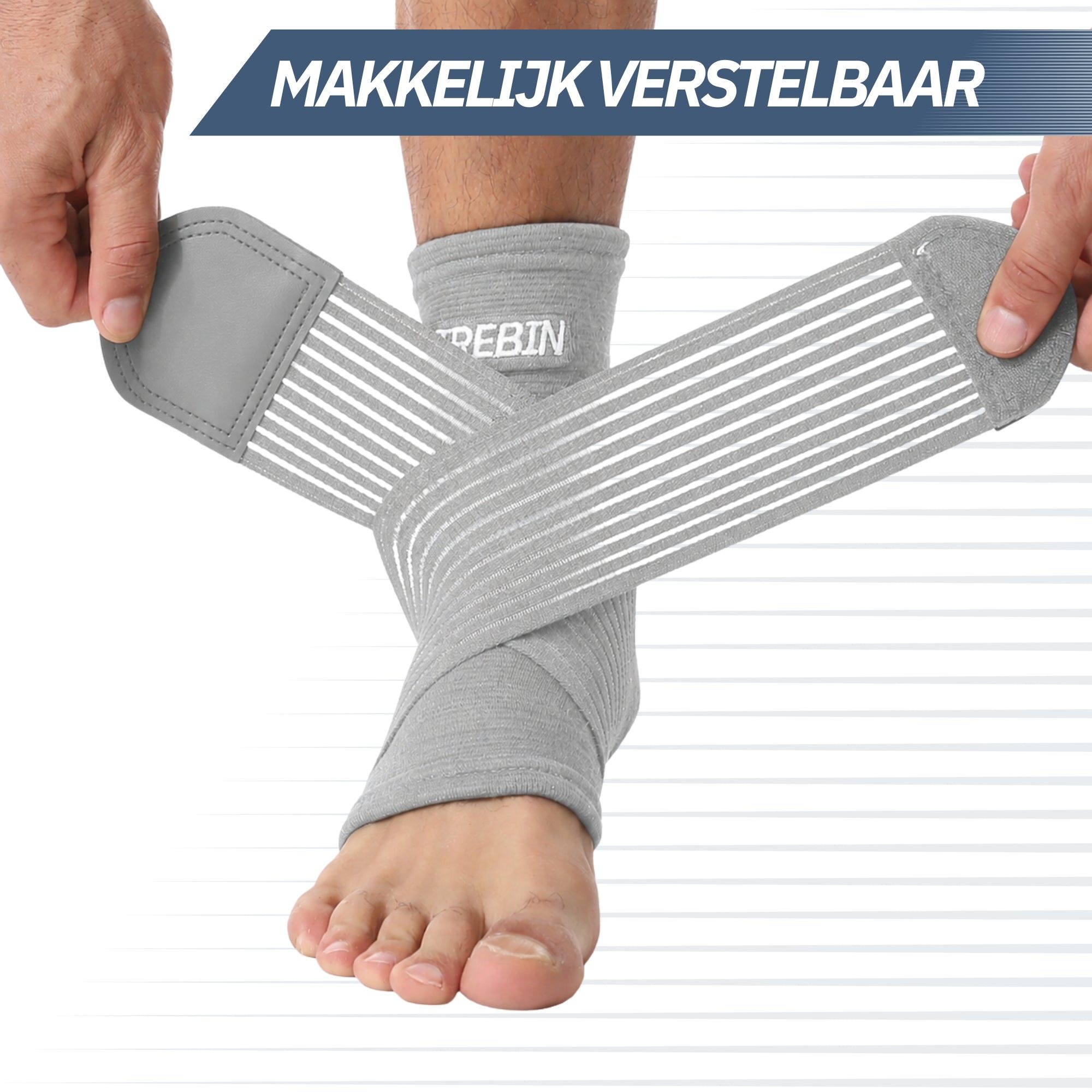Grijze, verstelbare enkelband met klittenbandsluitingen en elastische banden.