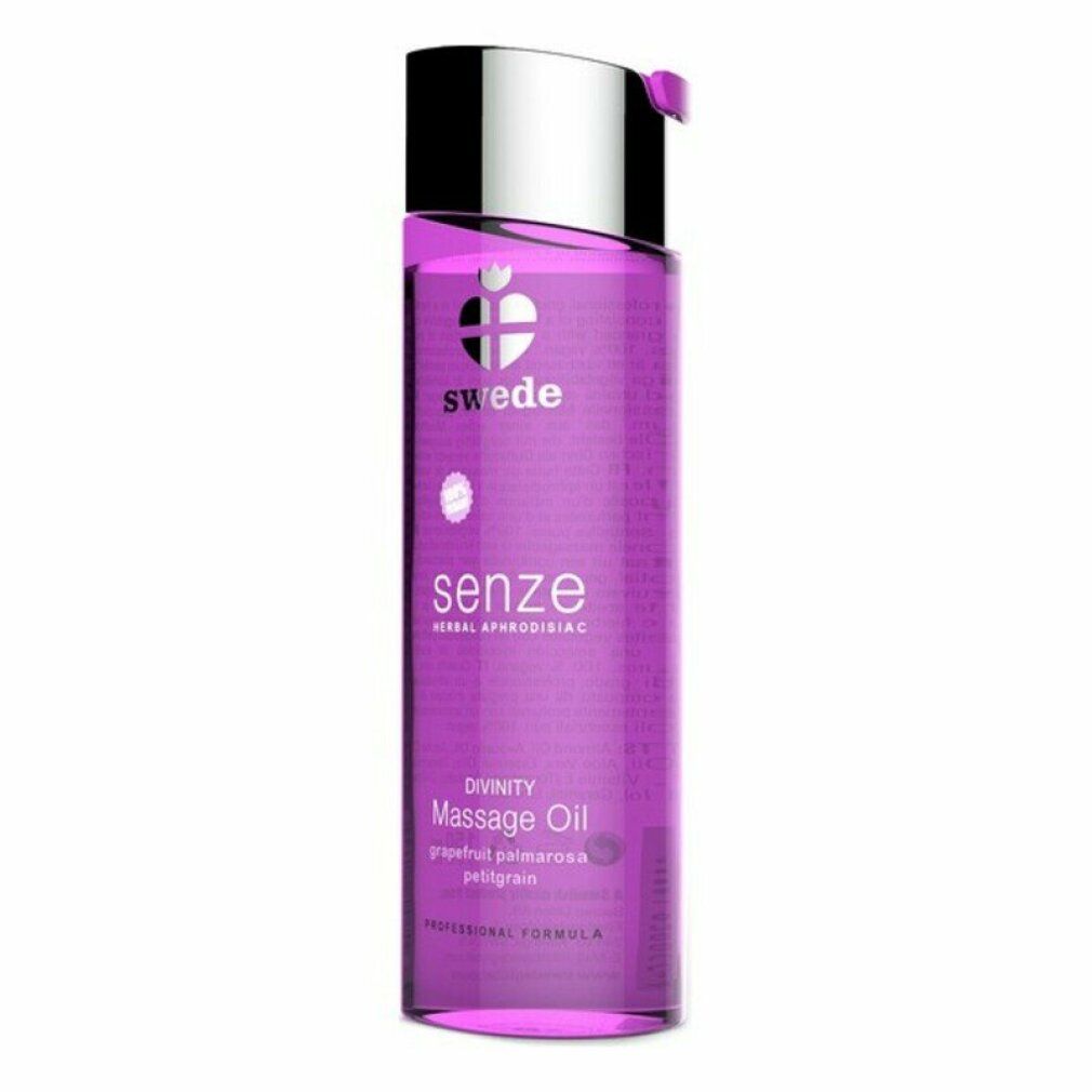 Huile de massage Swede Senze Divinity dans une bouteille violette avec bouchon argenté.