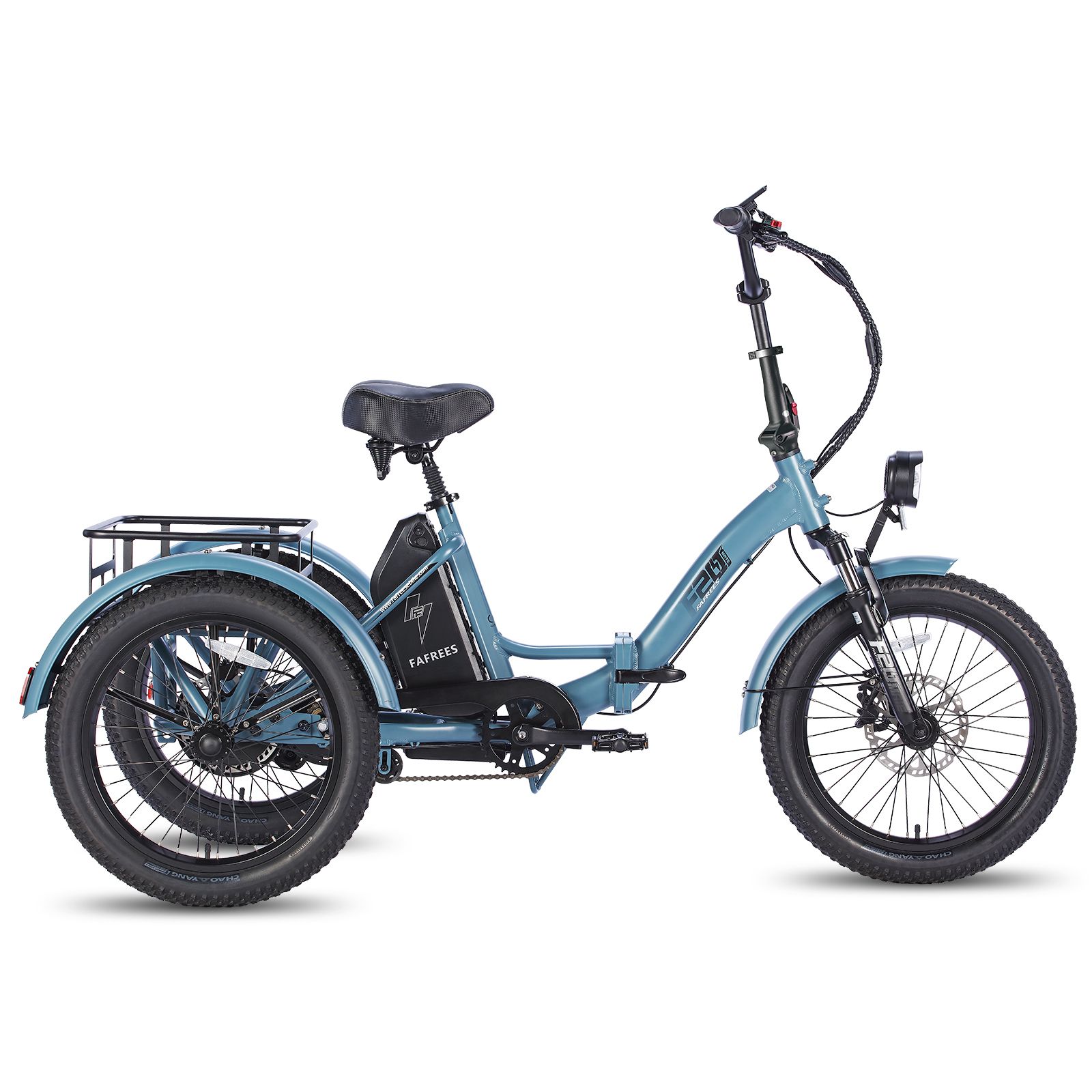Tricycle électrique pliable Fafrees F20 Mate bleu. Pneus noirs, porte-bagages, phare. Boîtier batterie avec logo.