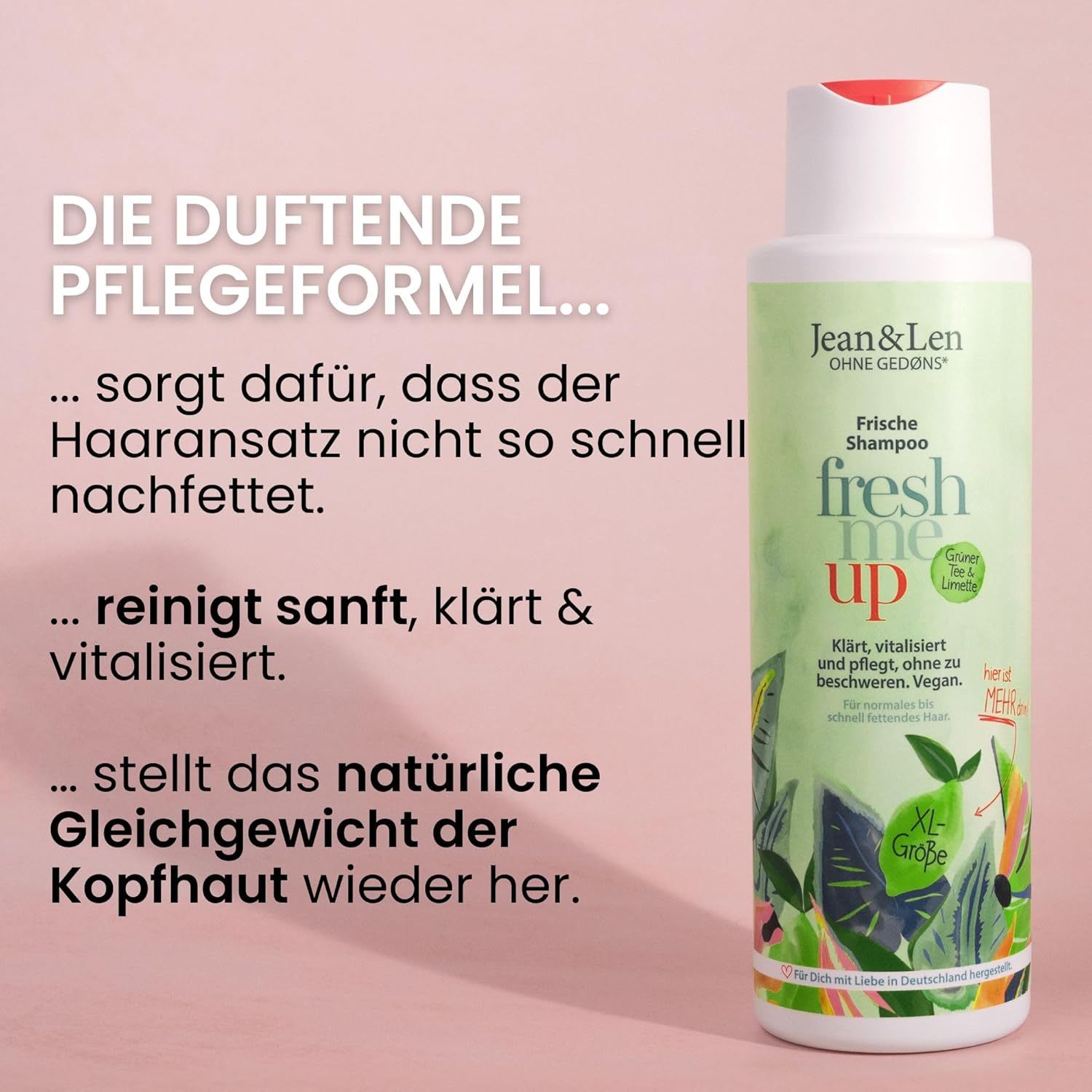 Jean & Len Frische Shampoo. Texte : Frische Shampoo, fresh me up. XL-Größe. Nettoie en douceur, clarifie et revitalise. Rétablit l'équilibre du cuir chevelu.