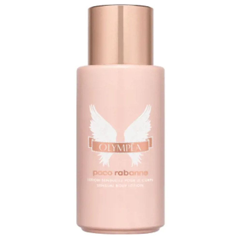 Flacon rose avec bouchon doré. Logo Olympea, inscription Paco Rabanne. Sensuelle Body Lotion.