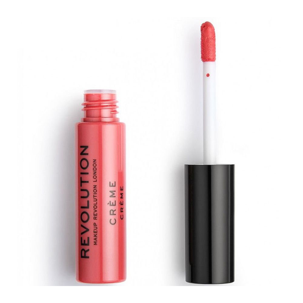 Tube de rouge à lèvres et applicateur. Tube contenant un liquide rouge, bouchon noir et applicateur blanc. Marque: Makeup Revolution.