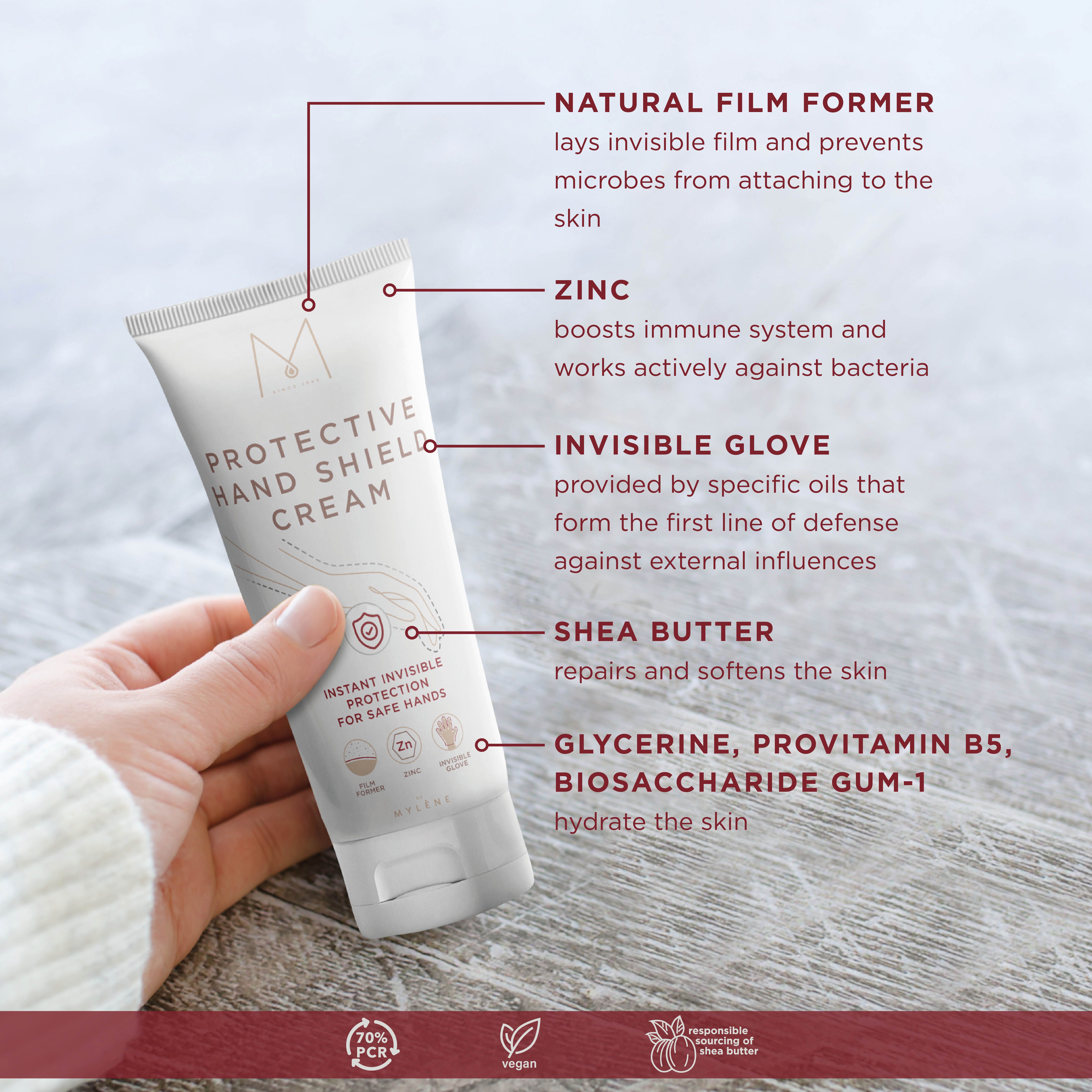 Tube blanc MYLÈNE Protective Hand Shield Cream. Texte: Instant Invisible Protection for Safe Hands. Ingrédients et certifications.
