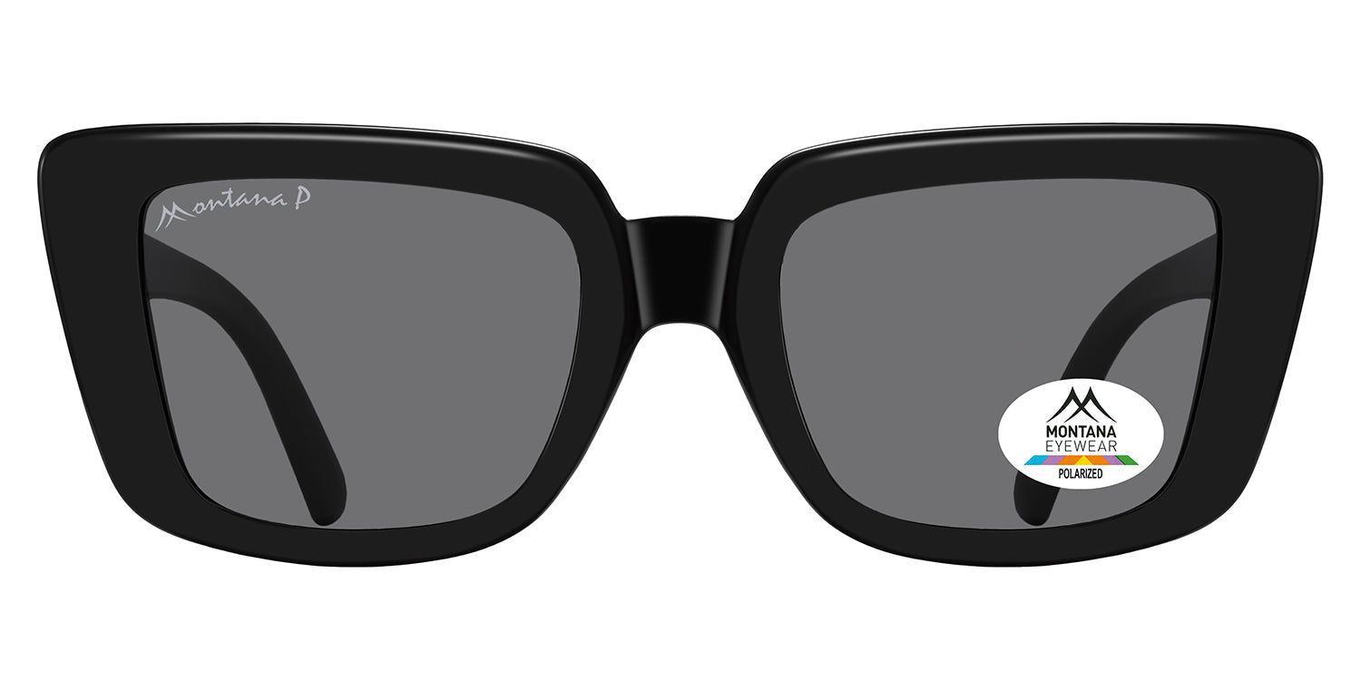 Lunettes de soleil noires à verres carrés. Logo Montana Eyewear sur la branche gauche et autocollant sur le verre droit. Verres polarisés.