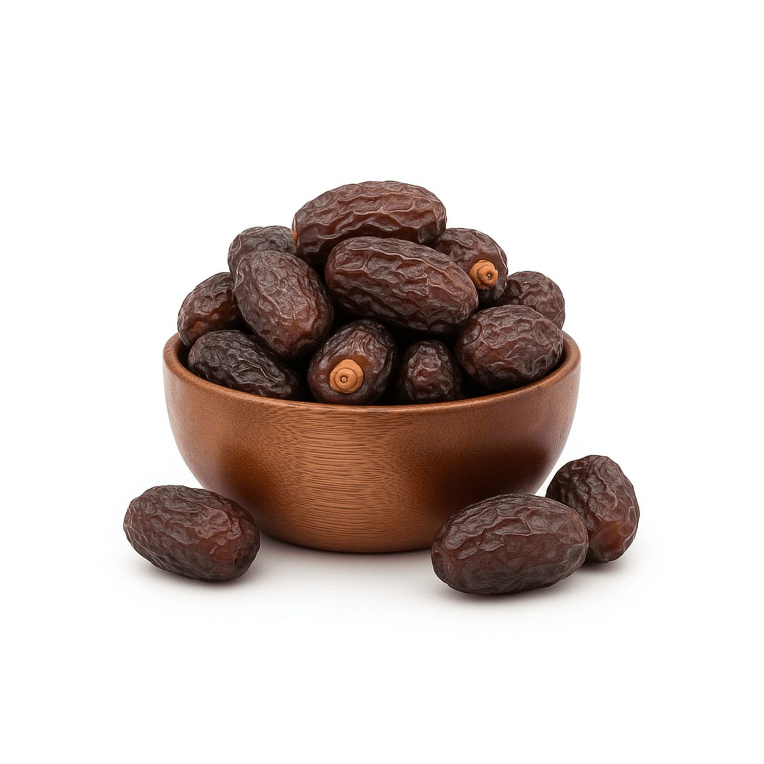 Houten kom gevuld met Medjool dadels, enkele dadels ernaast.
