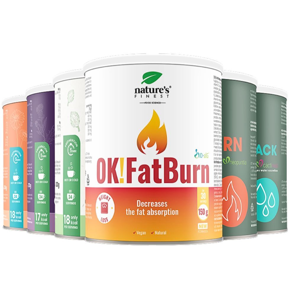 Plusieurs boîtes Nature's Finest OK! FatBurn. Boîte avec symbole de flamme, texte: OK! FatBurn, 150g. Autres boîtes de couleurs variées.