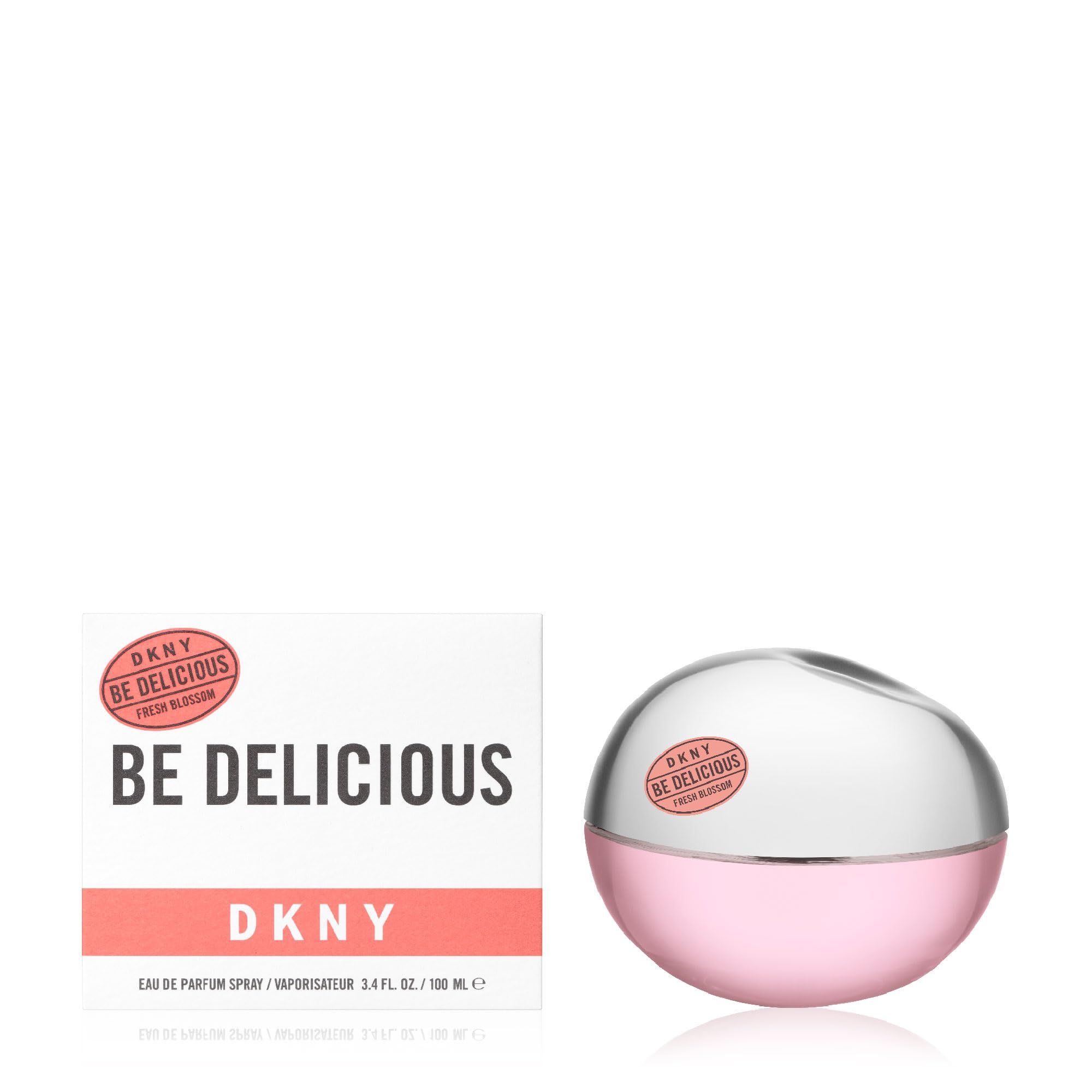 Roze fles met zilveren dop en verpakking. Opschrift: DKNY Be Delicious Fresh Blossom.