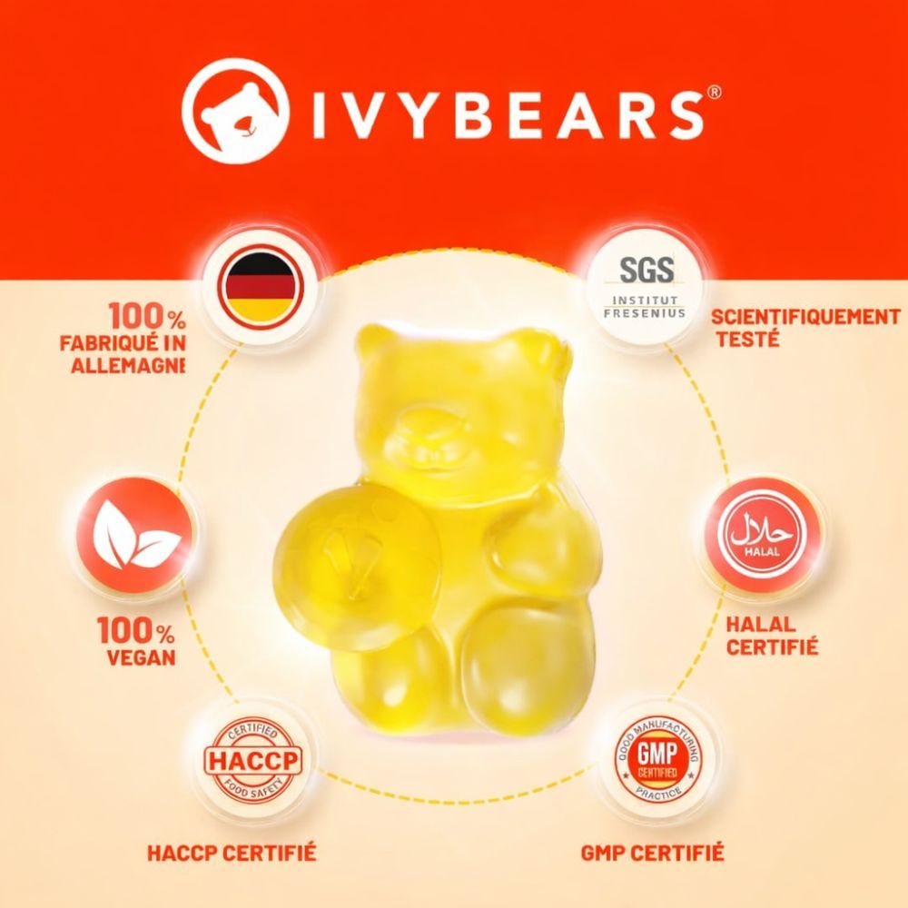 Bonbon gélifié jaune avec certifications. Texte: 100% Fabriqué en Allemagne, Vegan, Halal, GMP.