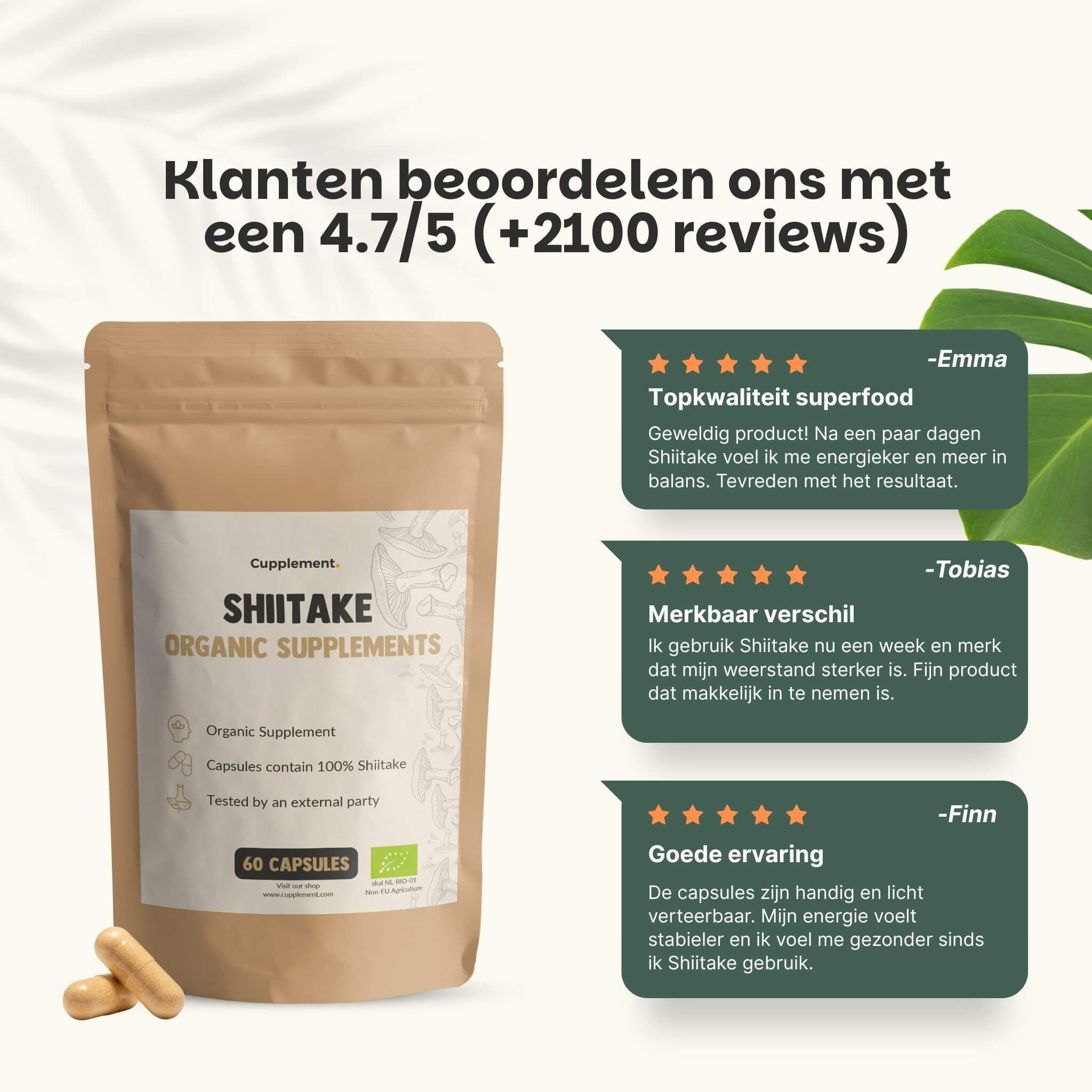 Zakje met shiitake capsules. Tekst: Shiitake Organic Supplements, 60 capsules. Klantbeoordeling 4,7/5. Drie klantbeoordelingen.