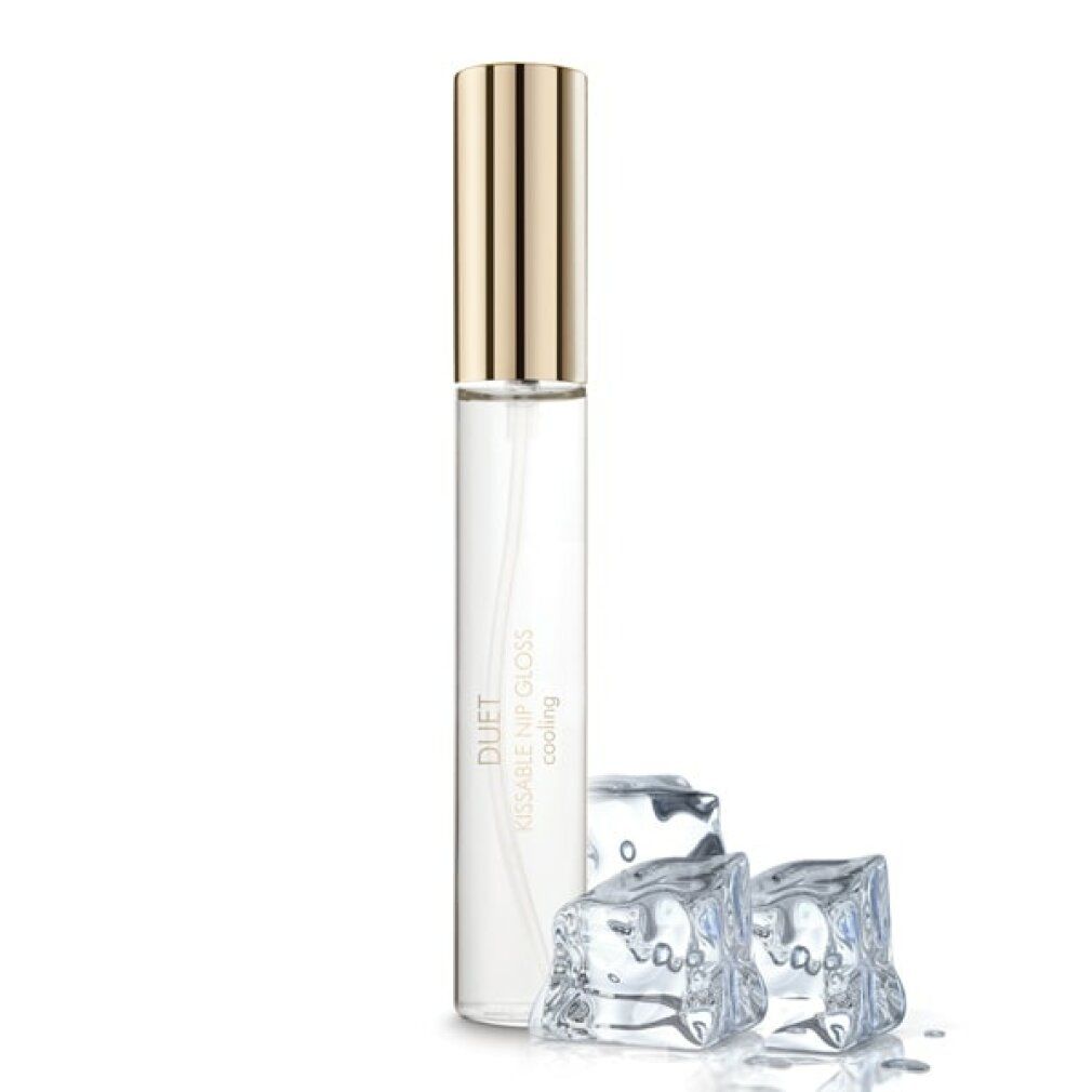 Een helder flesje met gouden dop en ijsblokjes. Tekst: 'DUET KISSABLE LIP GLOSS COOLING'.