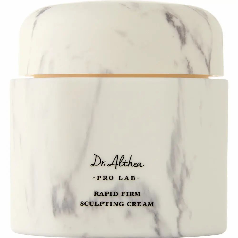 Pot de crème à motif marbré. Inscription: Dr. Althea, -PRO LAB-, Rapid Firm Sculpting Cream.
