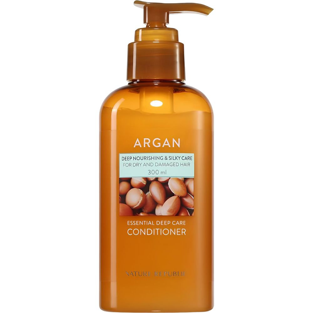 Flacon brun avec pompe. Inscription : Argan, Deep Nourishing & Silky Care, Essential Deep Care Conditioner. Marque : NATURE REPUBLIC.