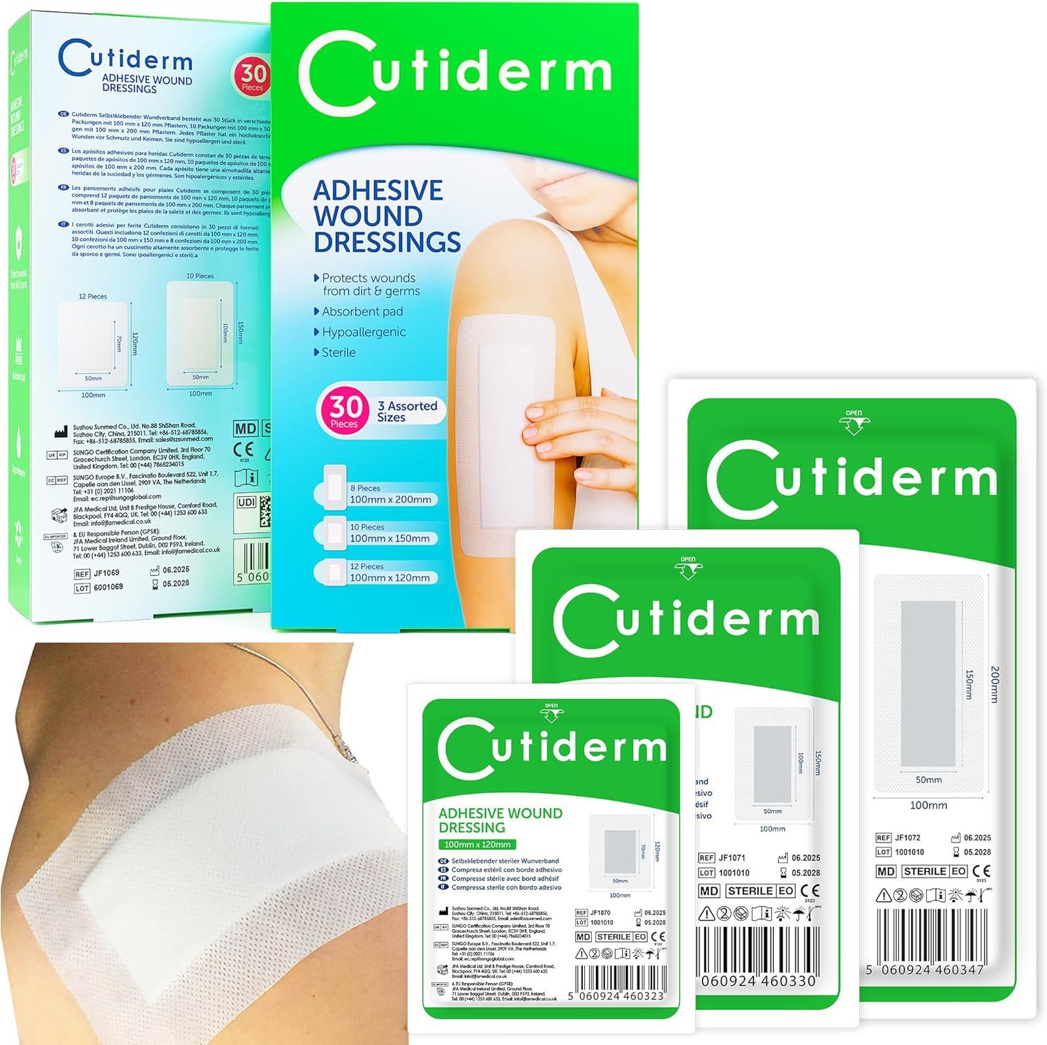 Pansements Cutiderm : emballage, paquets individuels et un pansement sur une épaule.
