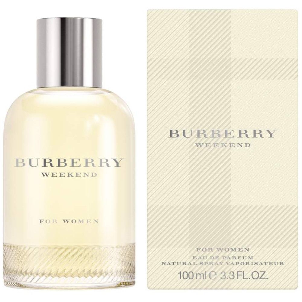 Fles en verpakking. Opschrift: BURBERRY WEEKEND FOR WOMEN. 100ml 3.3 FL.OZ.