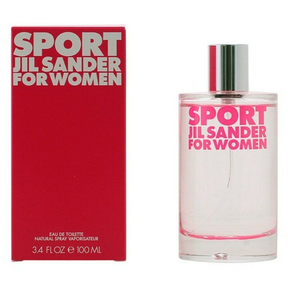 Flacon en verre et emballage rouge. Inscription SPORT JIL SANDER FOR WOMEN. Flacon avec bouchon argenté. 100 ml.