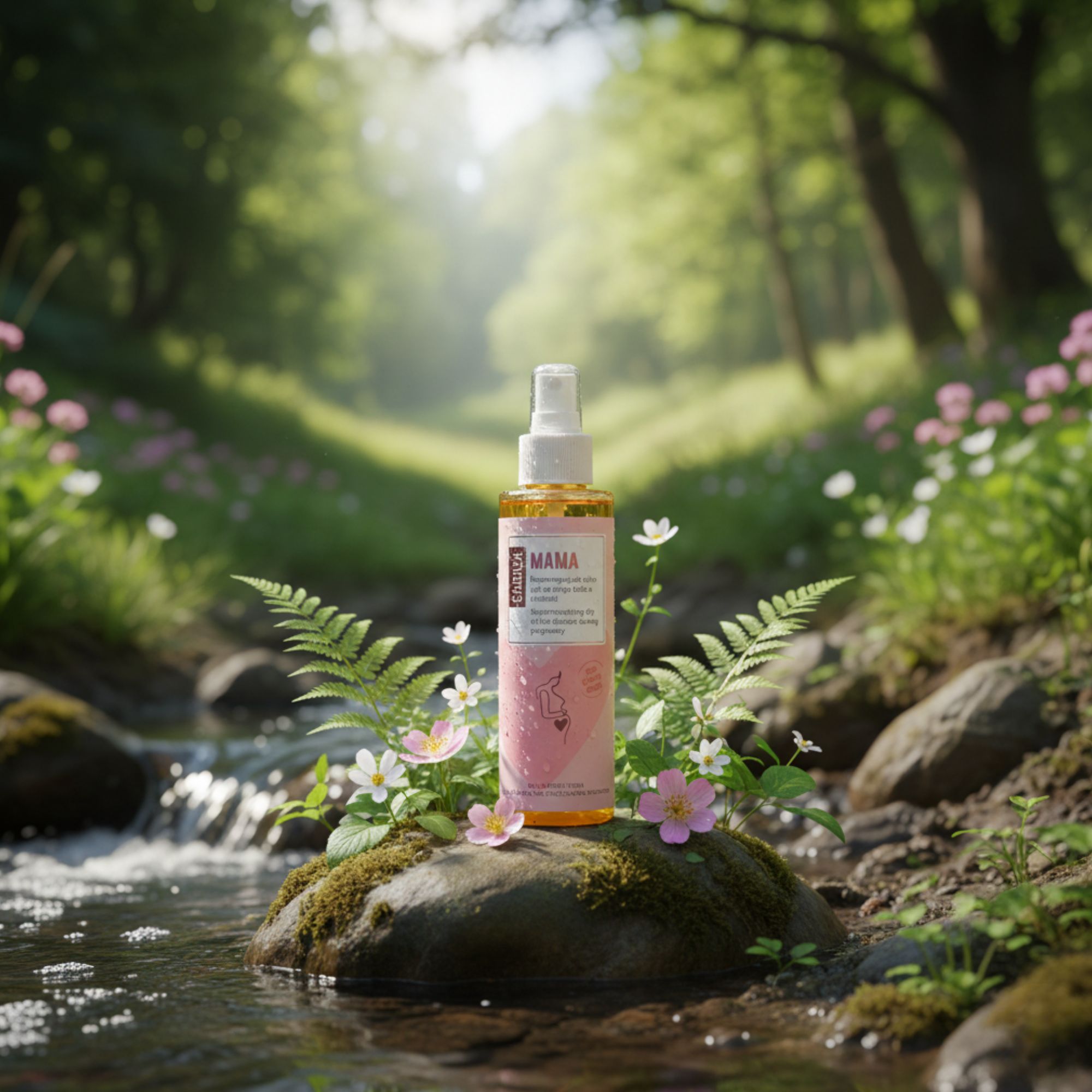 Olieflacon met verstuiver, geplaatst op een steen in een beek. Roze etiket met tekst en illustratie.