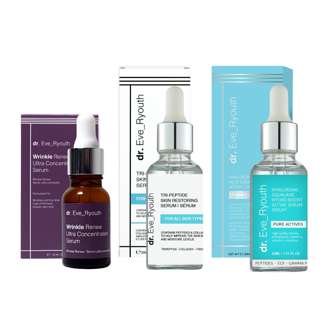 Trois sérums avec pipettes et emballages. Étiquettes : dr. Eve_Ryouth. Produits : sérum anti-rides, sérum tri-peptide, sérum à l'acide hyaluronique.