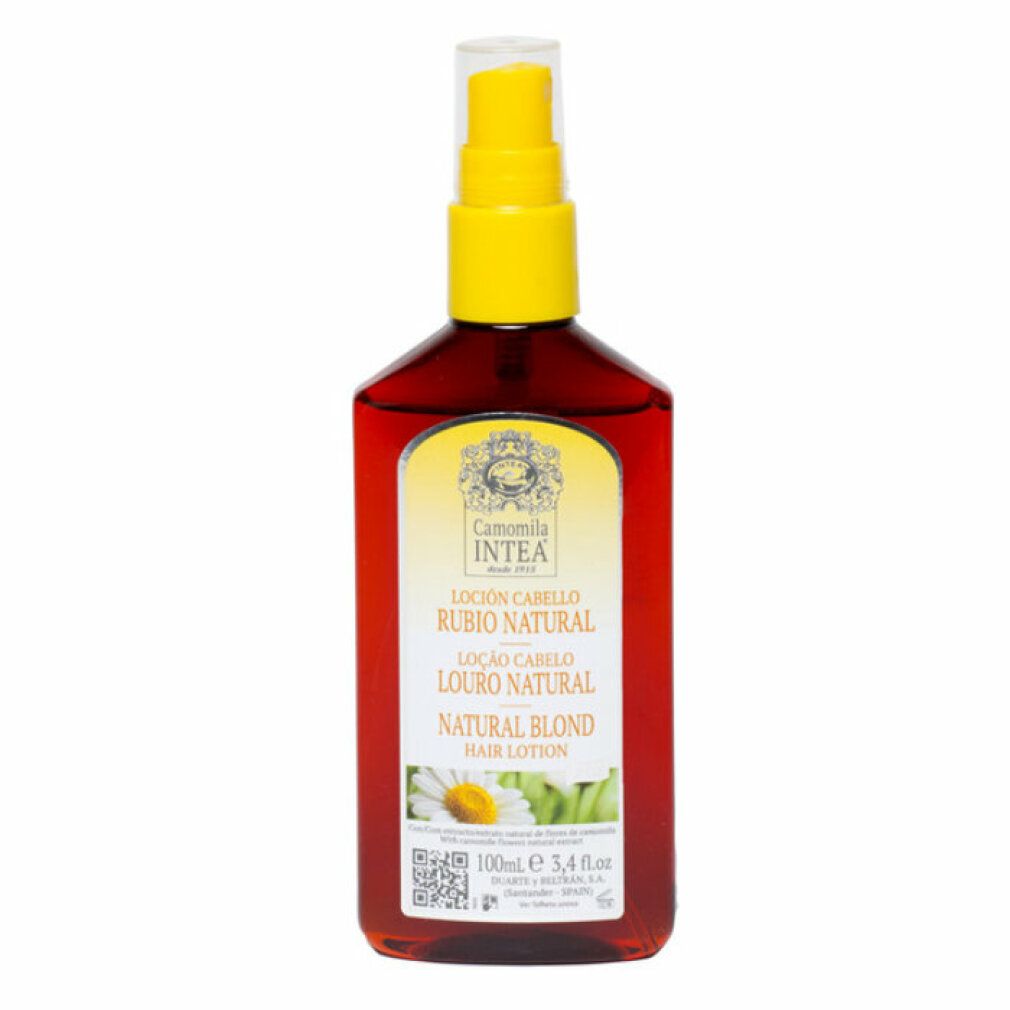 Bruine spuitfles met gele dop, 100ml. Bevat kamille-extract voor het lichter maken van haar.