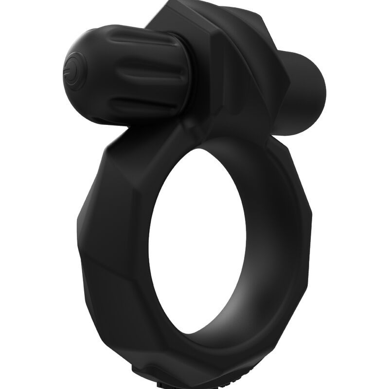 Zwarte ring met ribbels en een vibrator met gekartelde schroef.