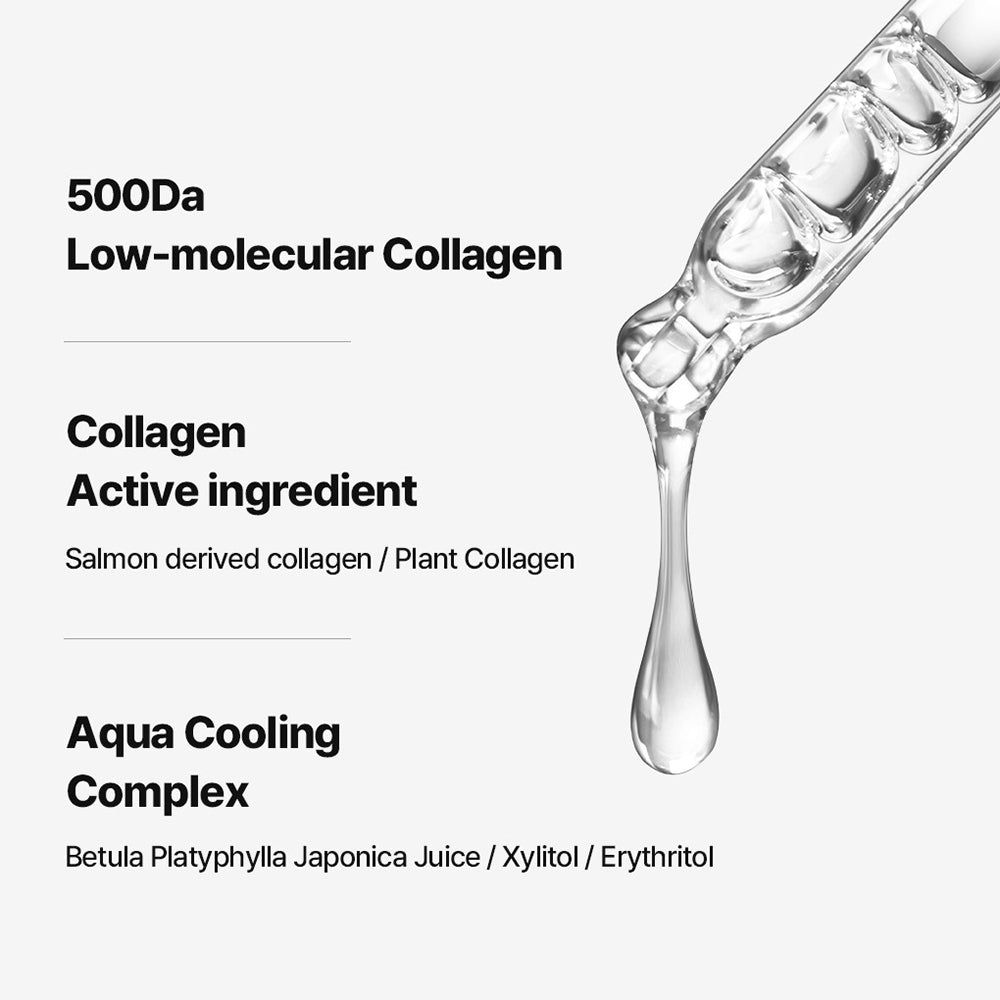 Liquide qui goutte d'une pipette. Texte: 500Da Low-molecular Collagen, Collagen Active ingredient, Aqua Cooling Complex.