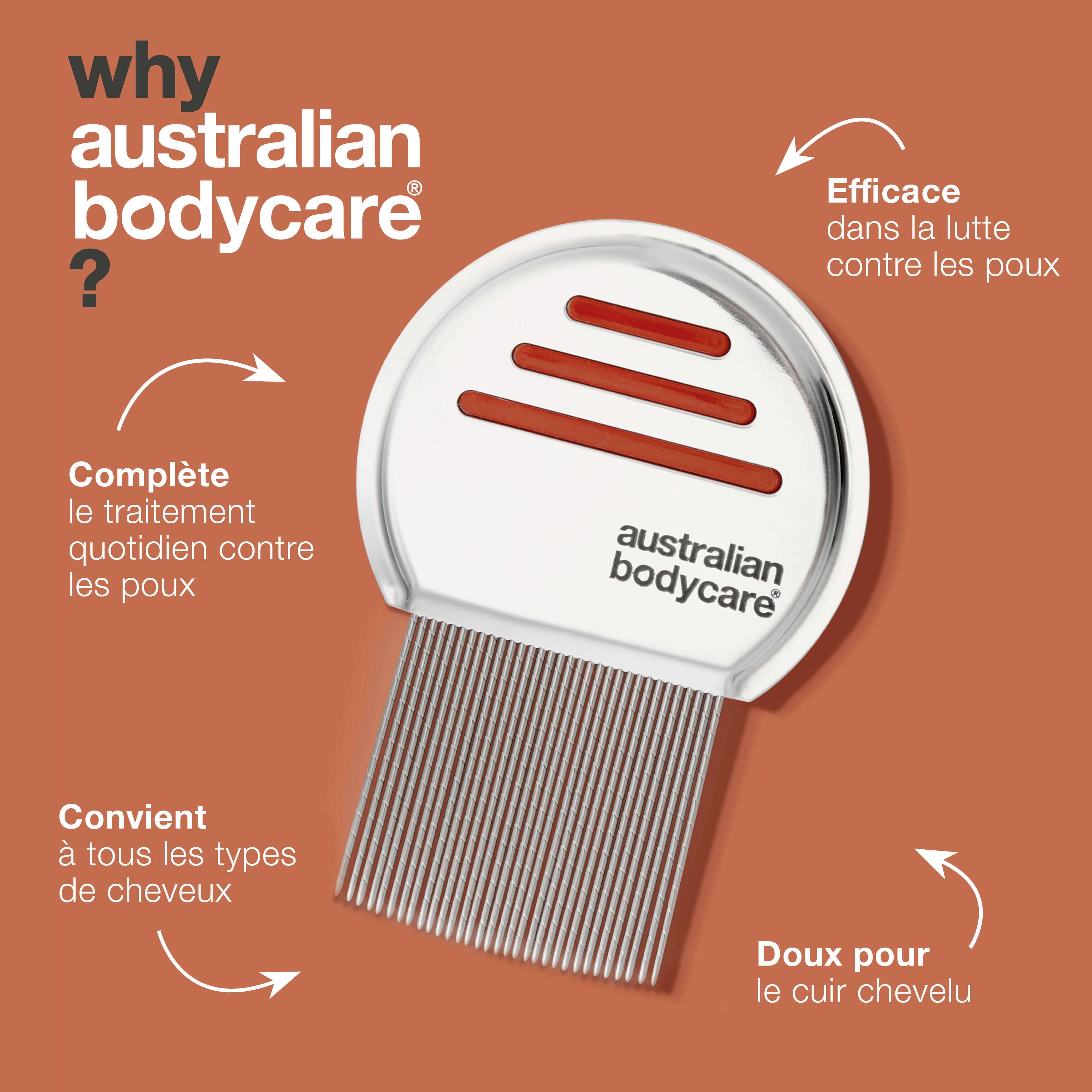 Peigne à poux avec texte : Australian Bodycare. Texte : Pourquoi Australian Bodycare ? Convient à tous les cheveux.