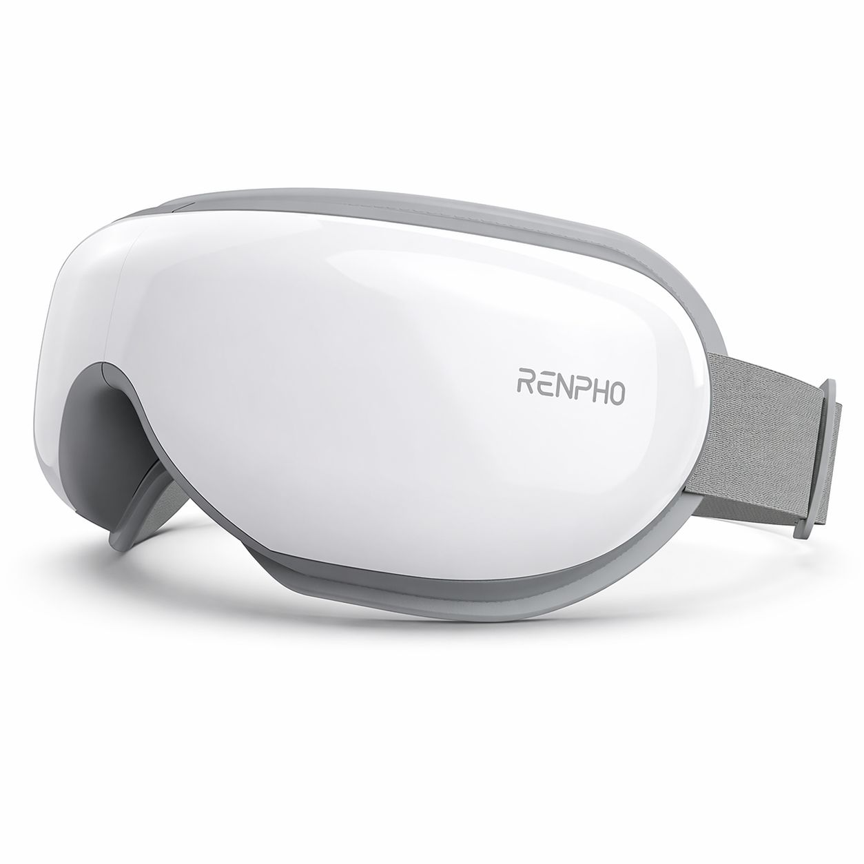 Masseur oculaire RENPHO blanc avec accents gris et sangle réglable.