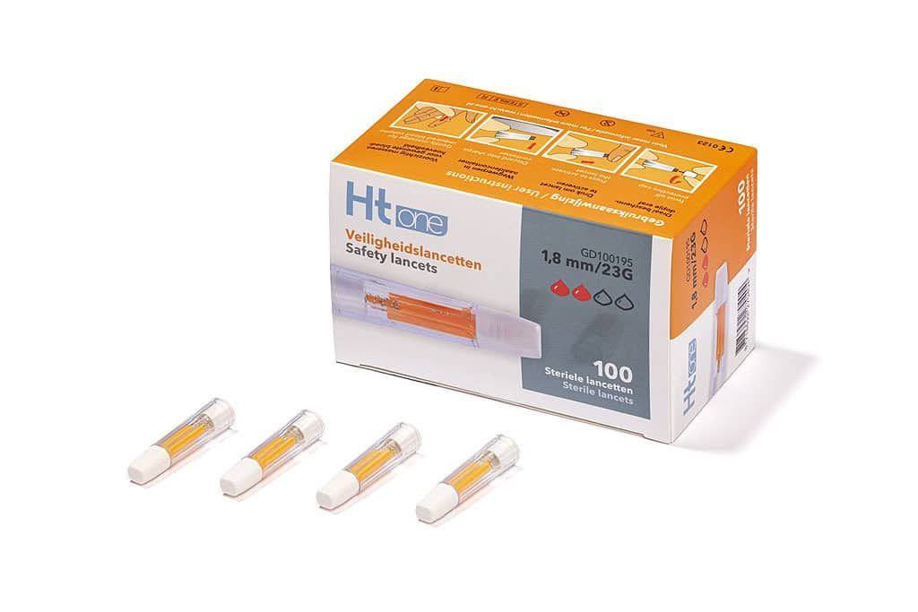 Doos en vier steriele veiligheidslancetten (1,8 mm) voor bloedglucosemeting.