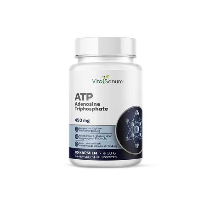 Witte fles met etiket. Het etiket toont "VitaSanum" en "ATP Adenosinetrifosfaat". 60 capsules.