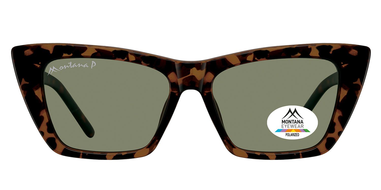 Lunettes de soleil avec monture marron et verres verts. Un autocollant avec le logo Montana Eyewear est sur un verre.