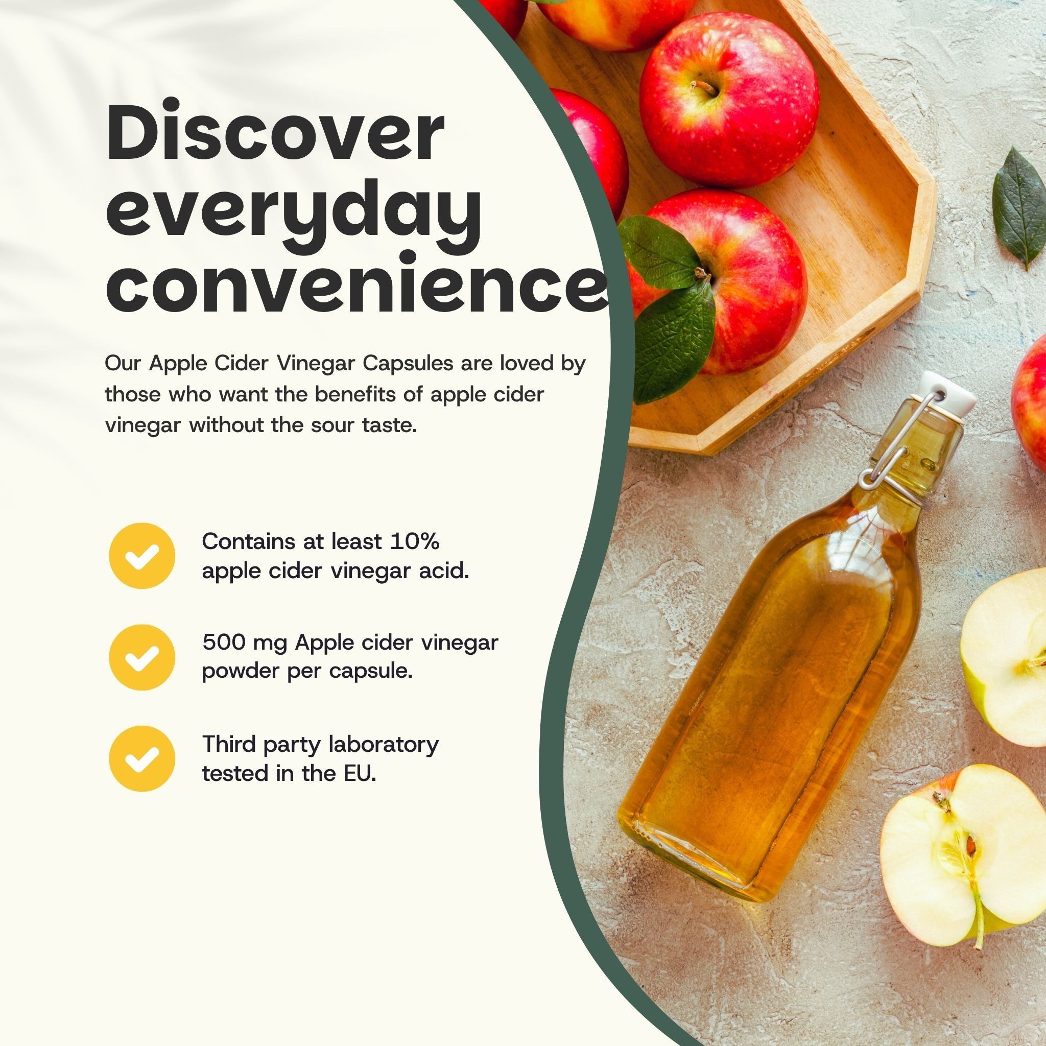 Publicité avec texte et bouteille de vinaigre de cidre. 500 mg de poudre de vinaigre de cidre par capsule.