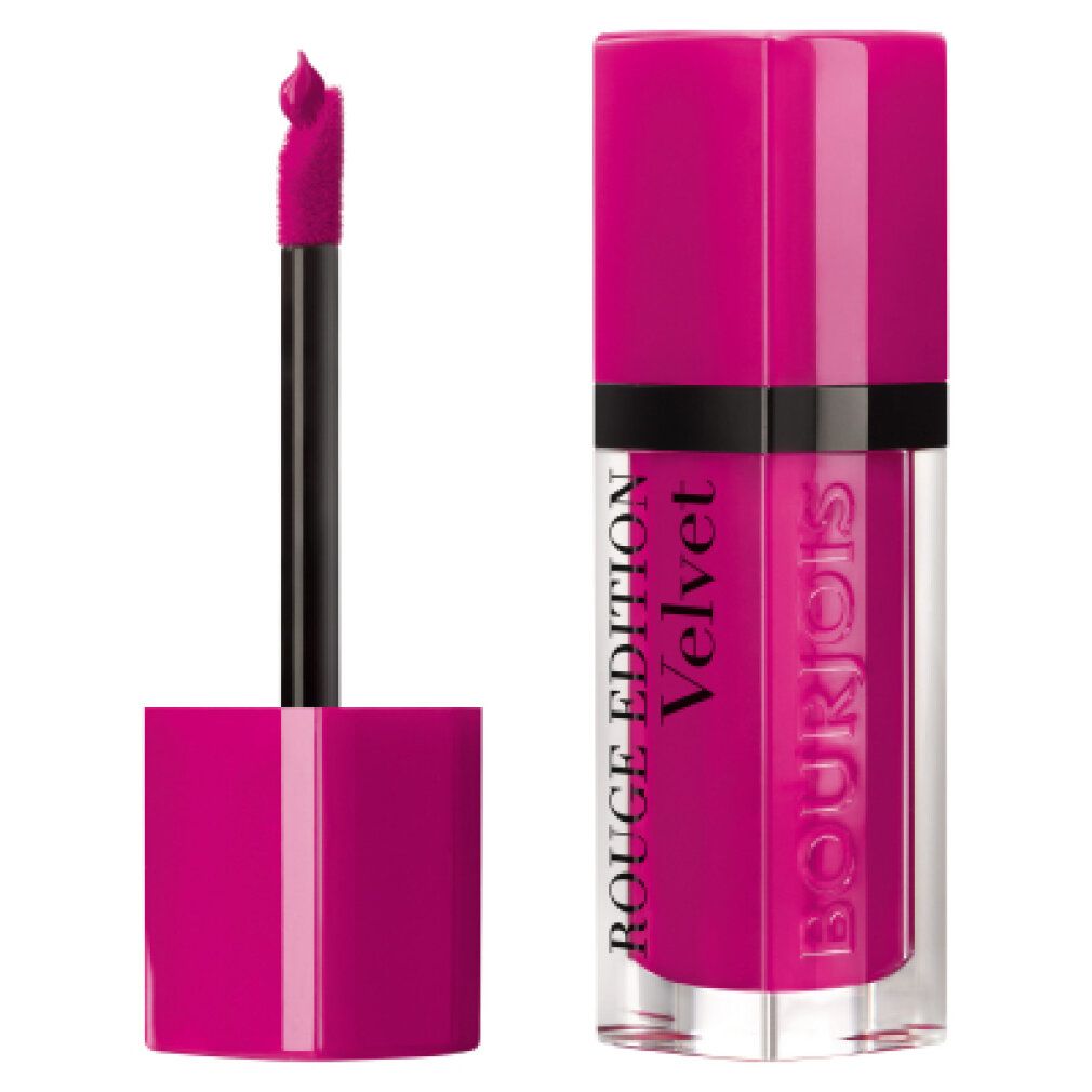 Rouge à lèvres avec bouchon ouvert. Applicateur visible. Inscription: Rouge Edition Velvet et Bourjois. Rouge à lèvres rose.