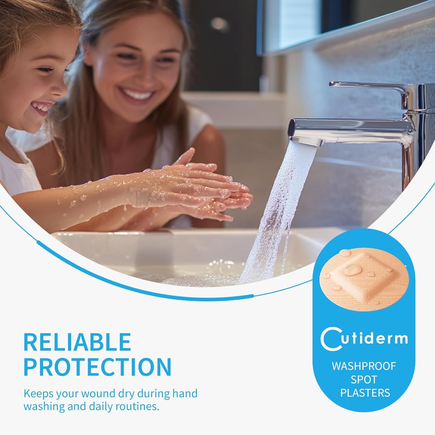 Pansements Cutiderm protégeant les plaies pendant le lavage des mains.