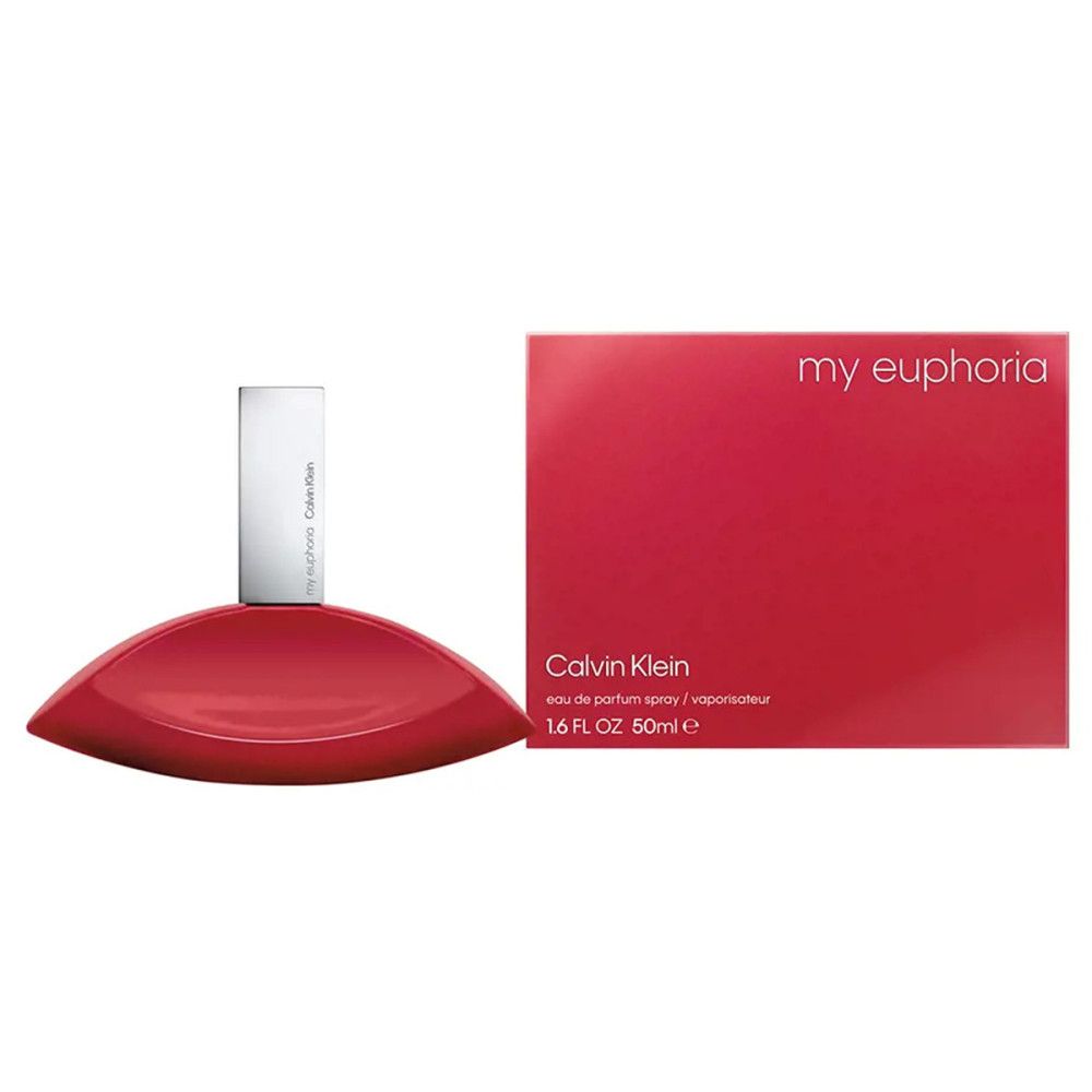 Flacon rouge et emballage. Inscription: my euphoria, Calvin Klein, 1.6 FL OZ 50ml e.