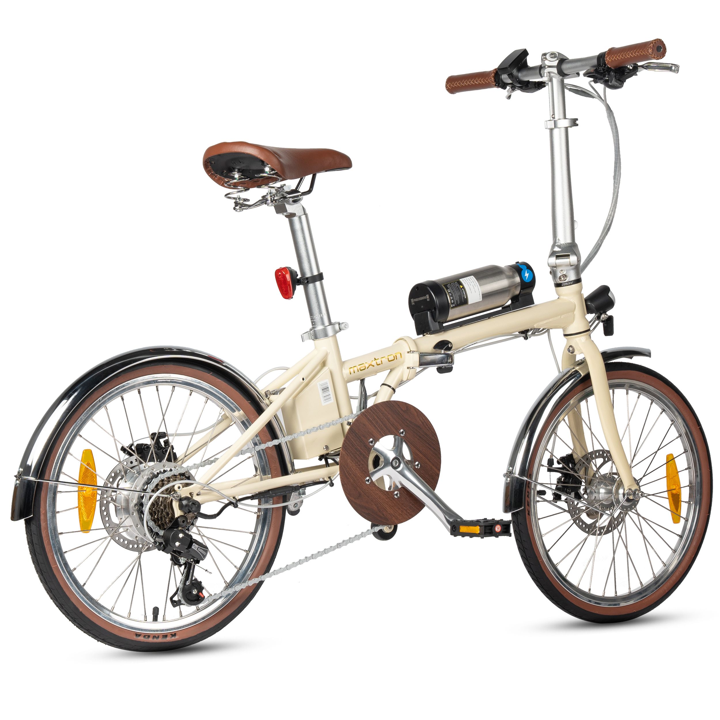 Beige elektrische fiets met bruine banden en zadel. Zichtbaar: motor, accu, spatborden, remmen. Opschrift: Maxtron.