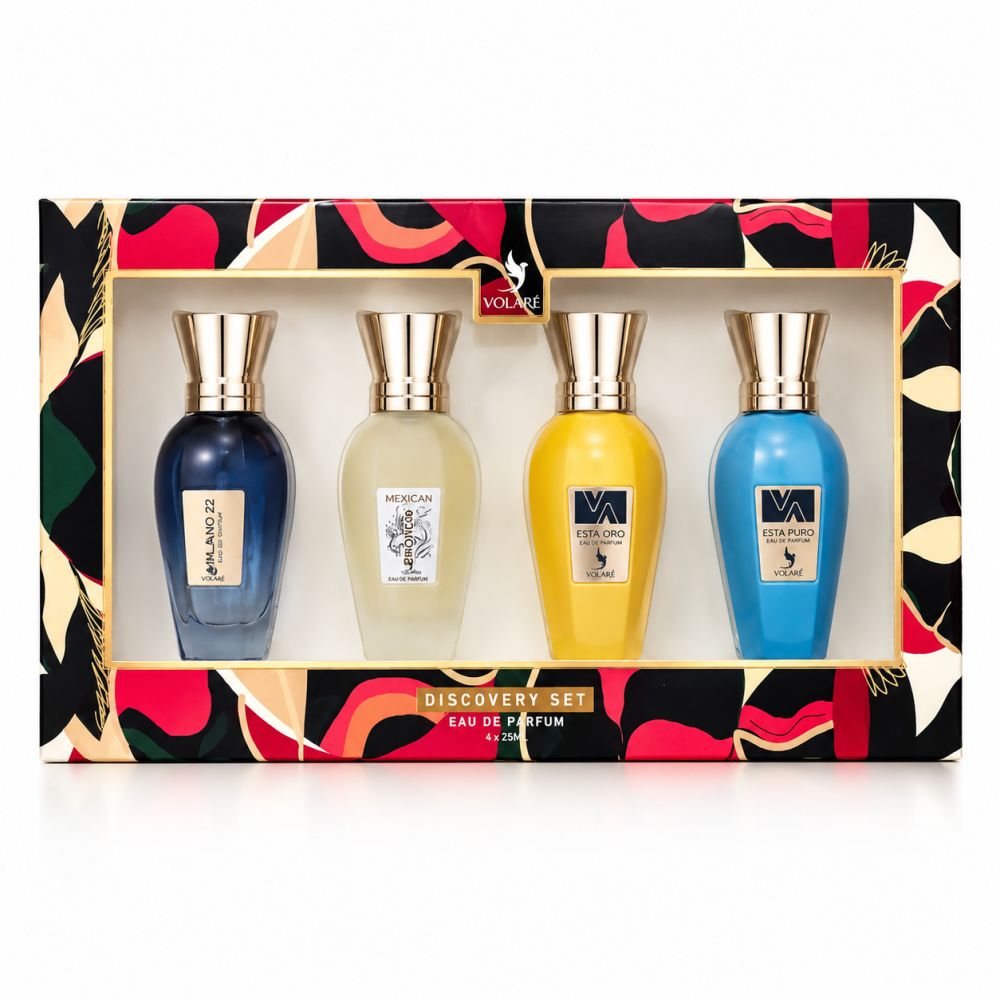 Volaré Discovery Set : Quatre flacons d'Eau de Parfum bleus, jaunes et blancs dans une boîte cadeau colorée.